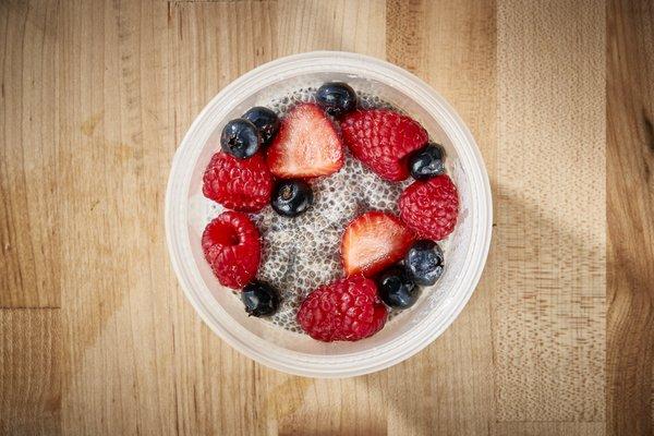 Chia Seed Pudding with Almond/Coconut or Soy Milk, Vanilla & Honey topped with Fresh Fruit!