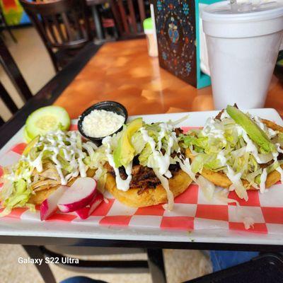 Sopes, w/ chicken, al pastor, and steak