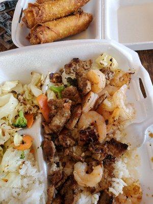 Beef and Shrimp with veggie rolls.