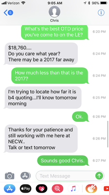 1of2: Friday conversation with Chris Sr. Tells me his best price OTD on a Pioneer 1000-5 LE but tells me to wait.  he will call or text Sat.