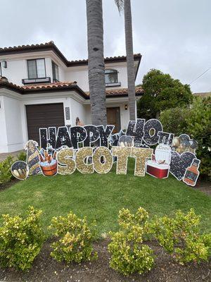 We rent and set up yard carts like this. We can set up a lawn sign similar to this with custom name and age to surprise your loved one.