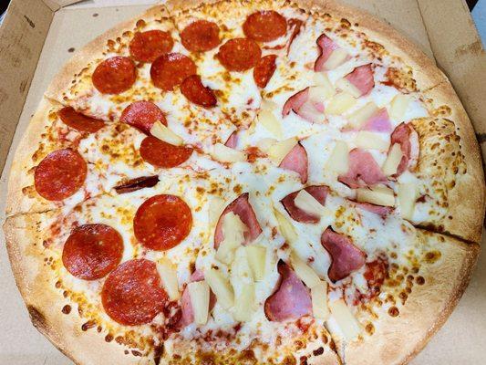 Large half pepperoni and half Hawaiian.