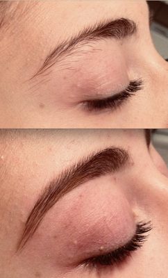 Before: Natural but untamed brow with stray hairs. After: Neatly shaped, fuller, defined brow with a clean arch, enhancing facial features.