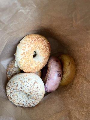 Half dozen bagels to go - Asiago, Blueberry, French Toast, Everything, Egg Everything