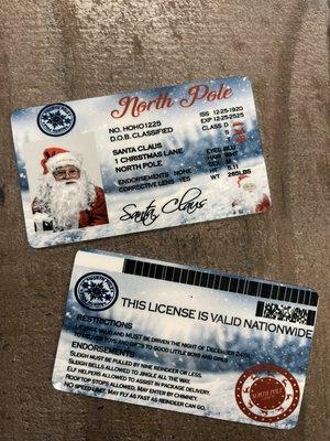 Custom Santa's license! Drop by the tree for the kids to find in the morning!