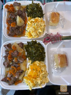 Beef roast with potatoes and carrots, collard greens, six cheese macaroni, and cornbread.