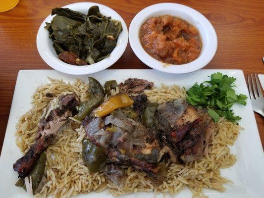 Jerk chicken over rice with a side of greens and yams!