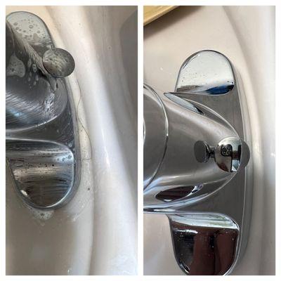 Behind bathroom sink faucet, before & after