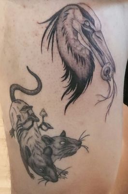 The 2 tattoos shown are Hayden's designs that I was lucky enough to get done (Heron tat is fresh and rat tat is 10 weeks healed)