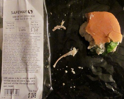 Found two bones, including a rather large one, in a chicken salad sandwich made at Safeway in Damascus Md., on 3/22/18.