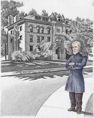 General Woodbury and Woodbury Hall. Commission for the University of Colorado, 1993. Pen-and-ink.