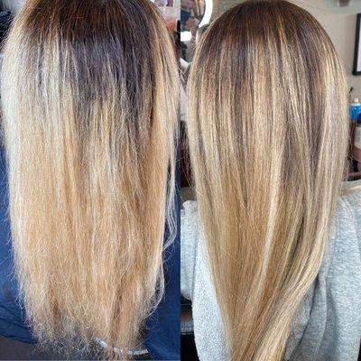 Before and after of a blonde by Katie