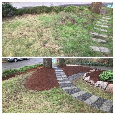 Front yard clean up with bark and gravel install