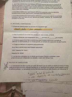 Cancelation of bar tender service with 10 days to cancel for a refund minus deposit. Cancelation was effective 7/21/2024.
