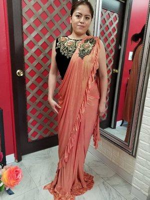 Happy customer in blush ruffle saree and  black top sequins with diamond work on it looks gorgeous.