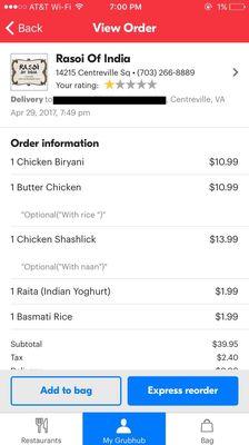 My order at Rasoi that the managers seem to think is a hoax and the subsequent measly $11 refund after a 2 hour wait for delivery.