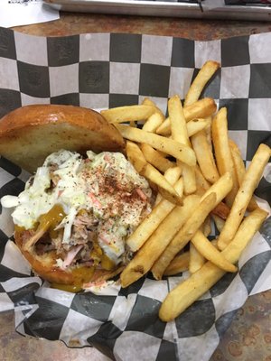 Pulled pork sandwich with fries