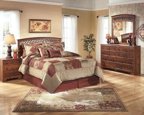 $629.00, headboard, metal bed frame, dresser, mirror, and night stand