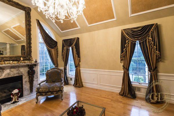 Custom made silk draperies living room. Glamour Decorating Millburn, NJ Short a Hills, NJ Livingston, NJ Summit, NJ