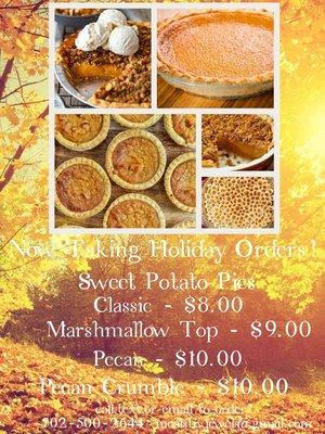 Not listed on poster Mini Sweet Potato Pie $2.00 a mini +$.50 for marshmallow top + $1.00 for pecan or pecan crumble