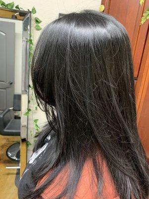 Dark colored w/layered haircut by Monica @salon sculpt