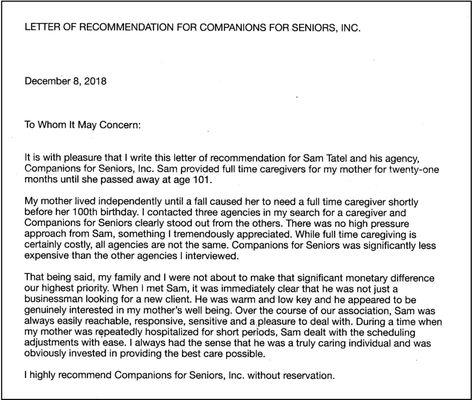 (1) Letter of Recommendation for Companions for Seniors