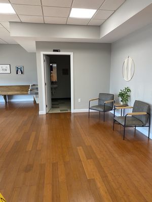 Cat waiting area with water fountains and restroom