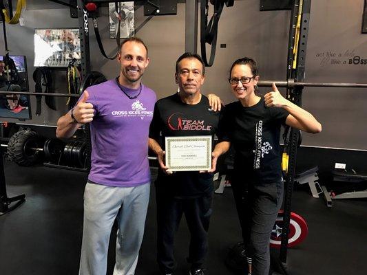 Winner of our January 90 Day, Tony, with our trainers, Tony and Darla. Tony is the winner of ONE FREE YEAR at Cross Kicks!!