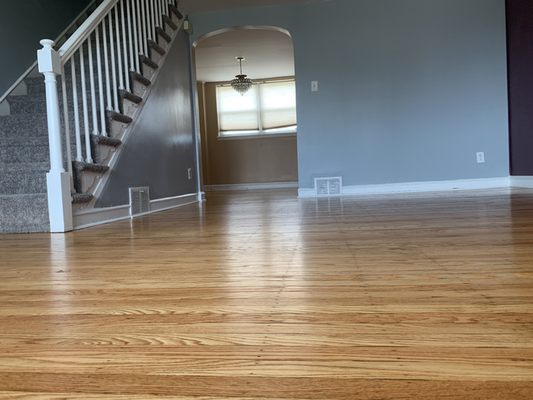 Refinished hardwood floor. Installation of quarter round molding.