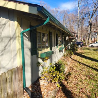 Grecian Green rain gutter and downspout. If your fascia is slanted, wedges are needed to hang the gutter at the correct angle.