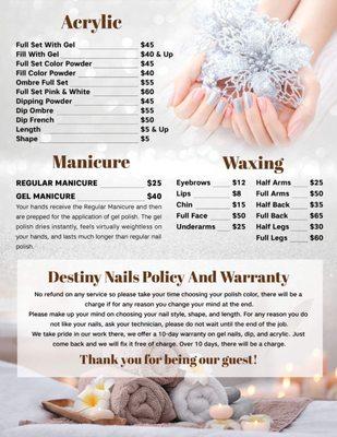 Destiny nails spa services price list