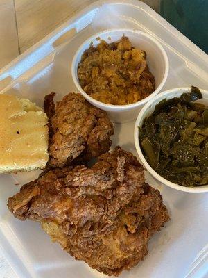 2 pc white fried chicken w/collard greens, sweet potato casserole & corn bread