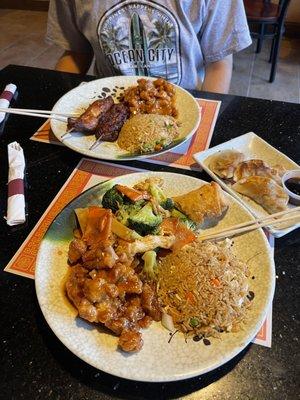 The lunch box B1. Chicken with Broccoli and lunch box B3. Chicken on a Stick and some Fried Pork Dumplings.