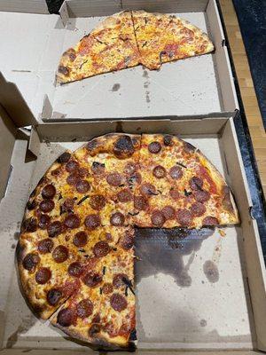 What was left by the time I got home. Bar pie on top and pepperoni on bottom.