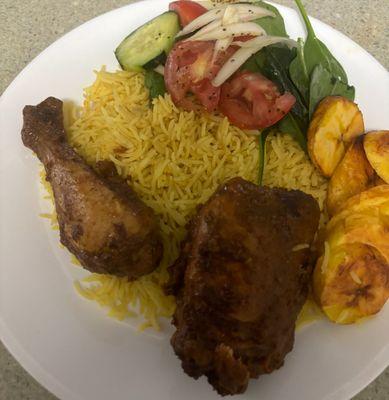 Jerk Chicken 
Jerk Chicken with Saffron rice with salad and plantain