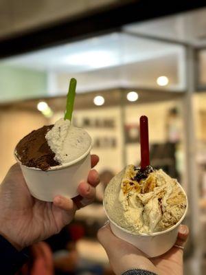 Left: Small- Dark Chocolate / Stracciatella Right: Small- Toasted Almond and Caramelized Figs / Pistachio