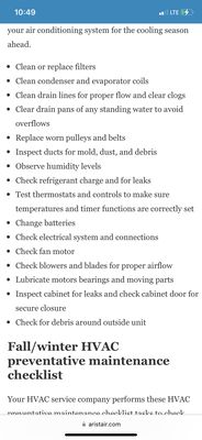 Typical checklist when I am doing maintenance on your HVAC system.