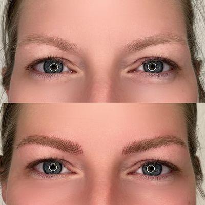 Before and after first session nanoblading. More defined brows instantly make you look younger!