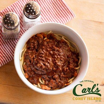 3 Way Spaghetti // Spaghetti topped with Pinto Beans and Carl's Famous Chili