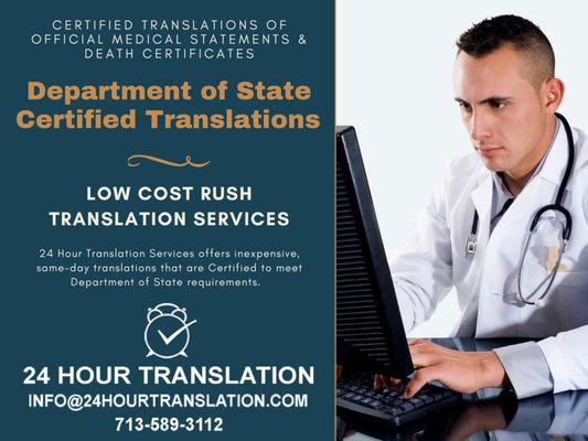 Low-price, fast, accurate, certified and notarized death certificate translations in Houston!  We also translate medical certificates.