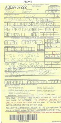 Front of Ticket: Note Violation