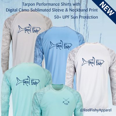 New! Reel Fishy Tarpon Performance 50+ UV sun protection shirts with digital camo sleeves - available in 4 colors!  ReelFishyApparel.com