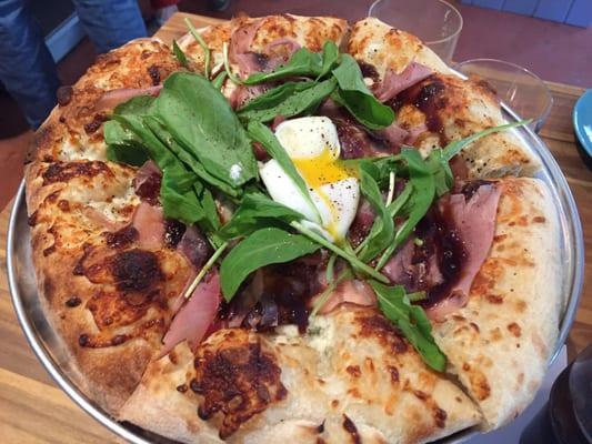 "fig + pig pizza", fig jam and proscuitto are the star; arugula and poached eggs are great toppers.