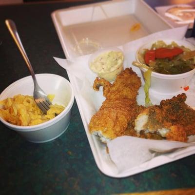 One of our lunch Specials: Homemade Mac n cheese, stir fried cabbage & 2p Whiting Filets.