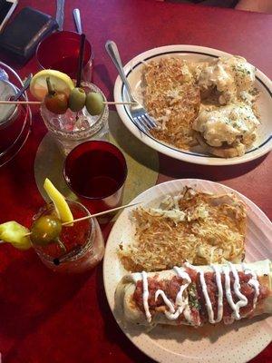 Oyster Benedict with creole hollandaise, breakfast burrito, and 2 of the most delicious bloodies in Olympia. What a way to start a Sunday!