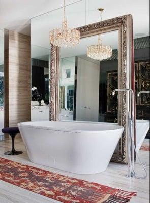 Elegant bathroom with an unusual request to create a mirror with frame.