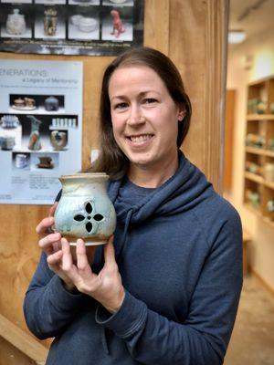 Wheel thrown and cut oil burner by Amy Leading ham of Show Me Pottery.