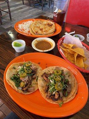 Carnitas, Carne Asada tacos and Pupusas