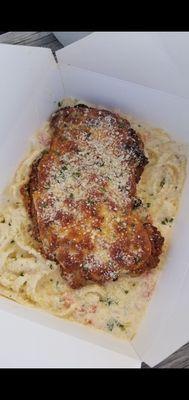 One of their speicals: breaded chicken on alfredo pasta