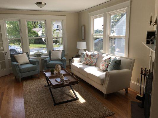 Staged living room in a Falmouth Home that was vacant. Staged and under contract in under 25 Days.